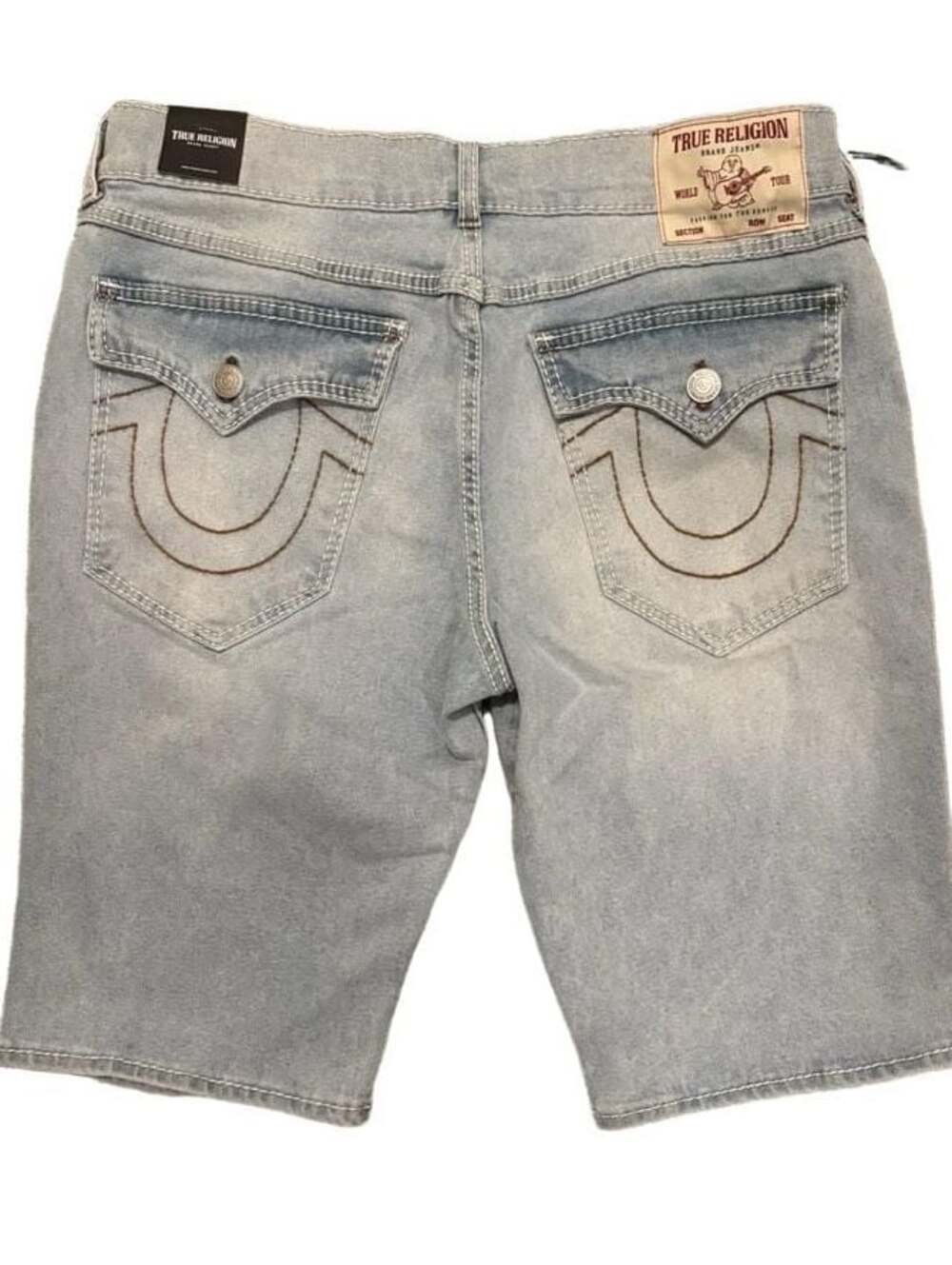 True Religion Rocco Big T Flap Denim Shorts Light Journey Wash Size 34 NWT